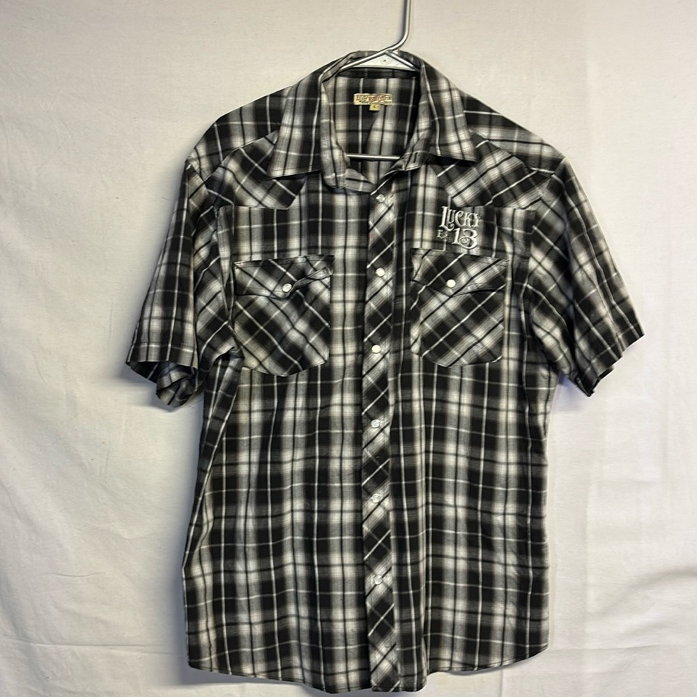 Lucky 13 Men’s Short Sleeve Button Down Shirt Plaid Dome Button Size Large